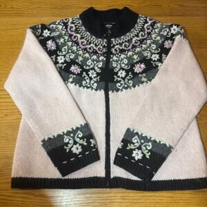Vintage Icelandic Designs Sweater Womens L pink Lambswool Angora Zip Fair Isle